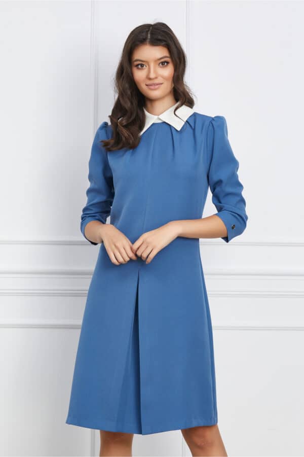 Rochie Dy Fashion bleu cu guler alb si pliu pe fusta