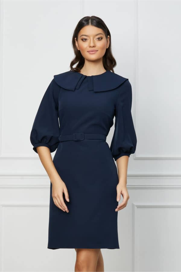 Rochie Dy Fashion bleumarin cu guler maxi si curea in talie