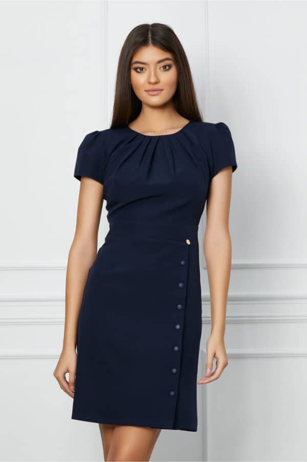 Rochie Dy Fashion bleumarin cu nasturi pe fusta