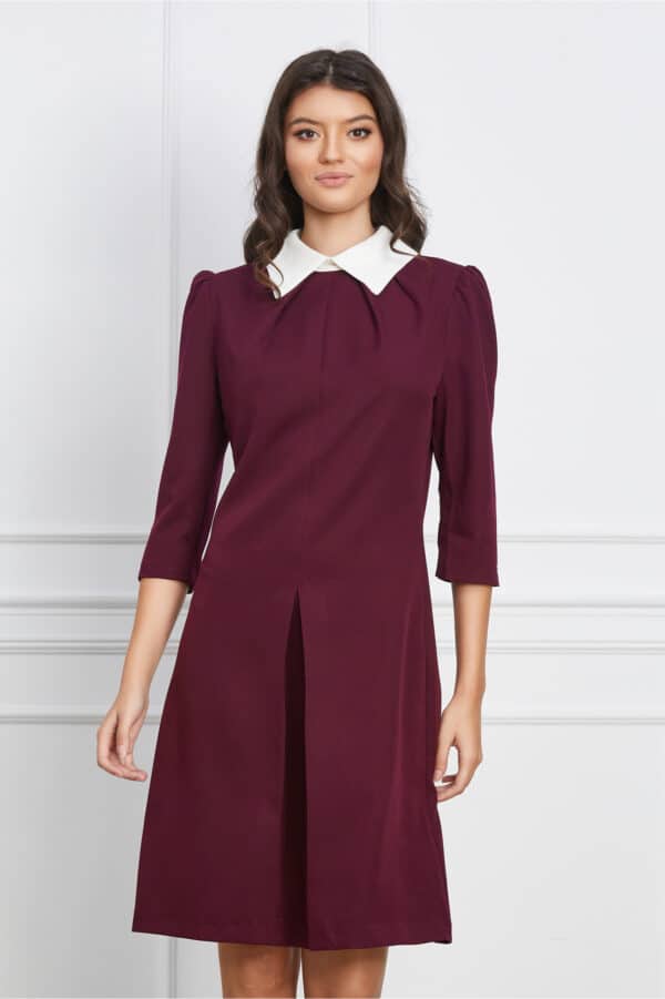 Rochie Dy Fashion bordo cu guler alb si pliu pe fusta