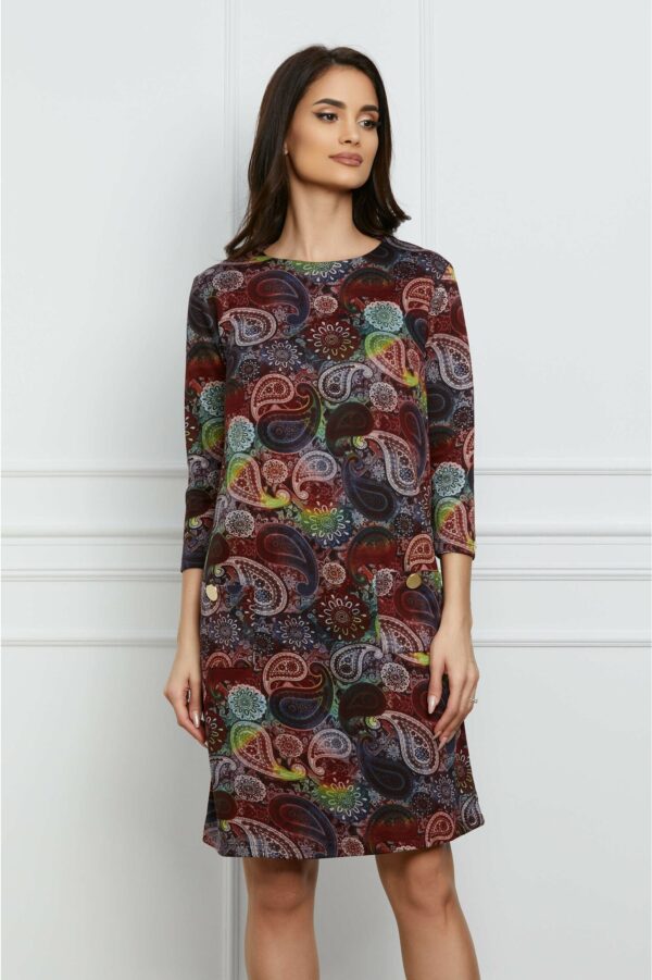 Rochie Dy Fashion bordo cu imprimeu divers si buzunare