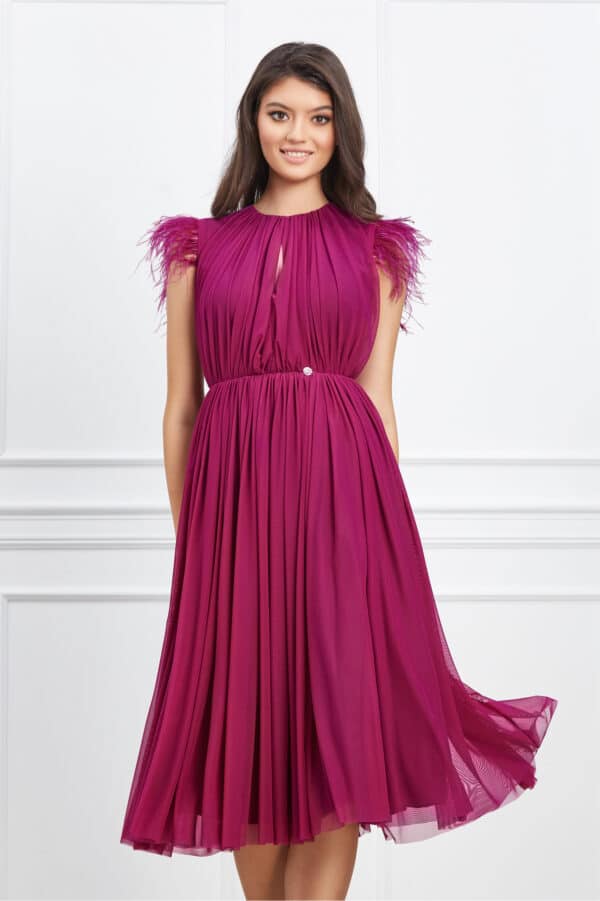 Rochie Dy Fashion bordo cu pene la umeri