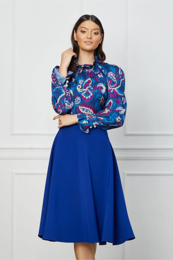 Rochie Dy Fashion clos albastra cu imprimeu rosu la bust
