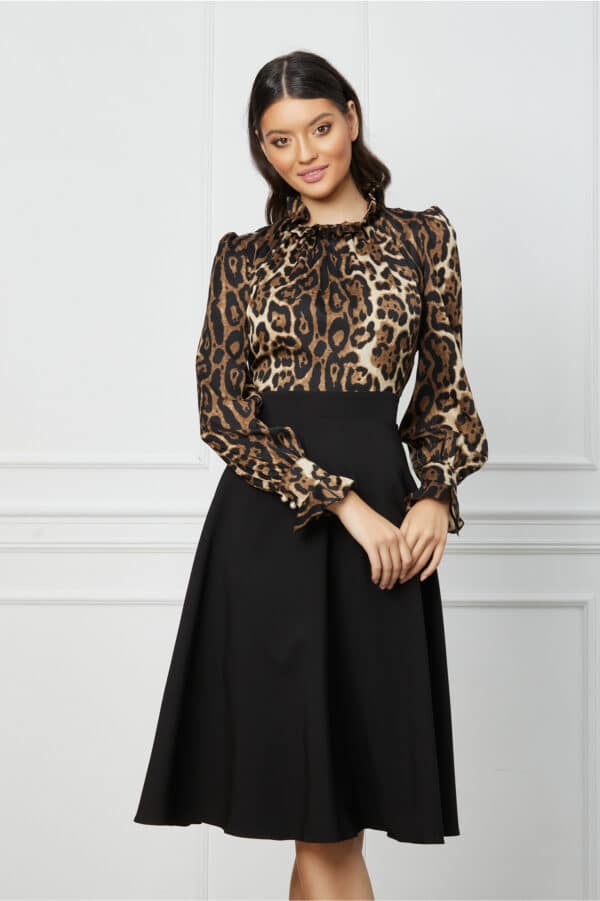 Rochie Dy Fashion clos neagra cu animal print maro la bust
