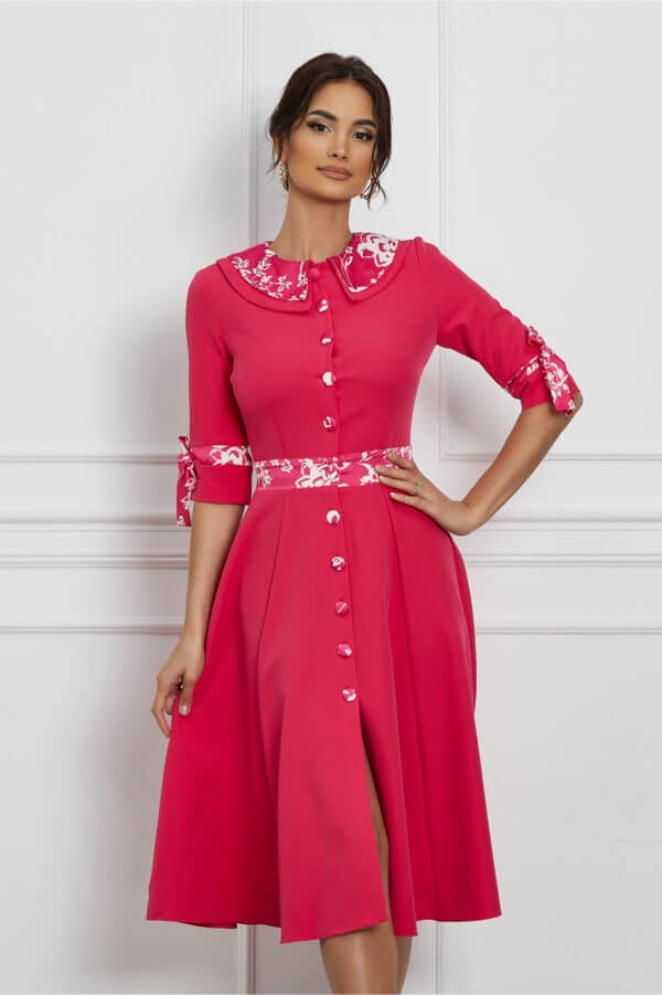 Rochie Dy Fashion fucsia cu imprimeu si nasturi