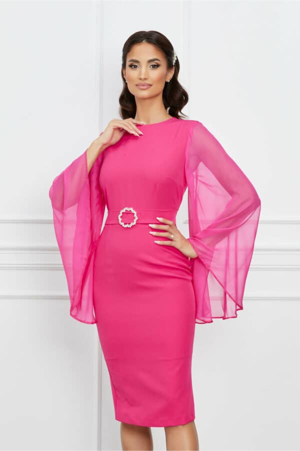 Rochie Dy Fashion fucsia cu maneci din voal evazate si catarama in talie