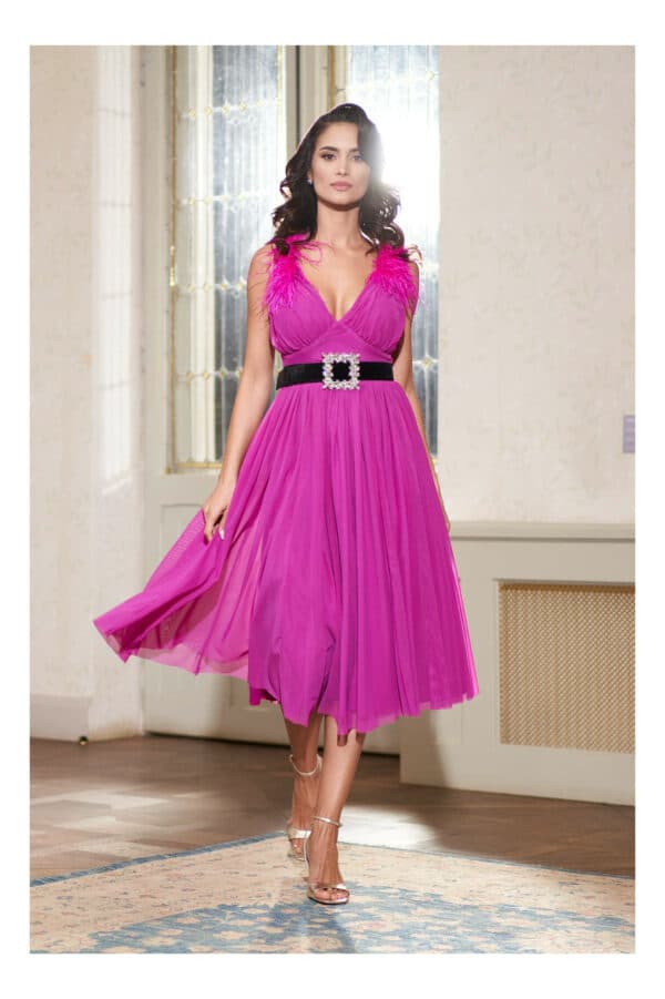 Rochie Dy Fashion fucsia cu pene la umeri si curea detasabila in talie