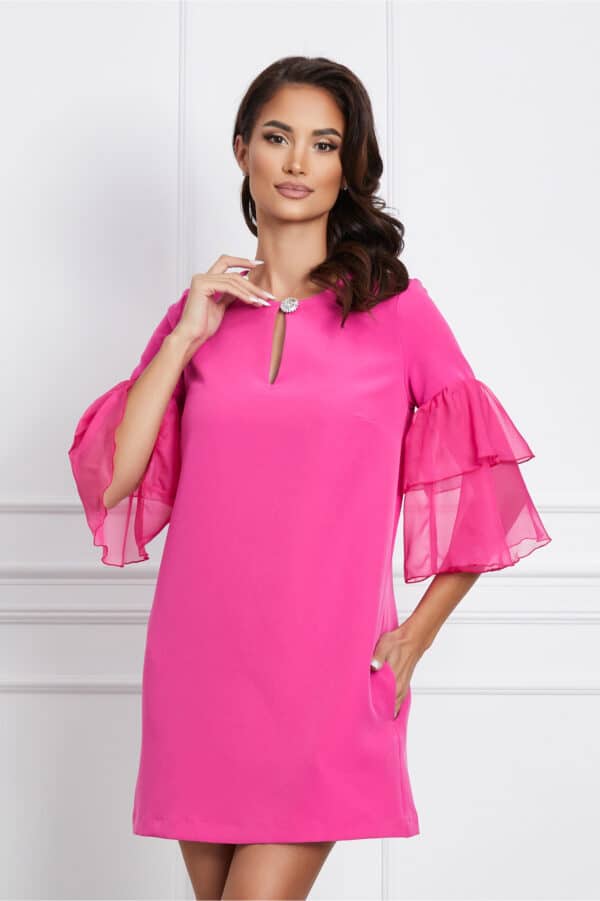 Rochie Dy Fashion fucsia scurta cu maneci din voal