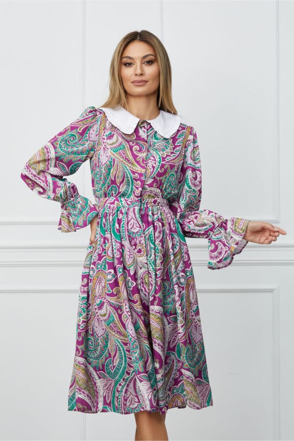 Rochie Dy Fashion magenta cu imprimeu verde si guler alb