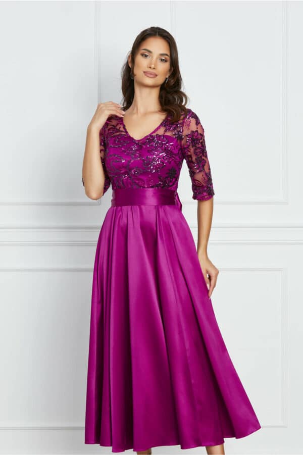 Rochie Dy Fashion magenta din satin cu bust si maneci din dantela