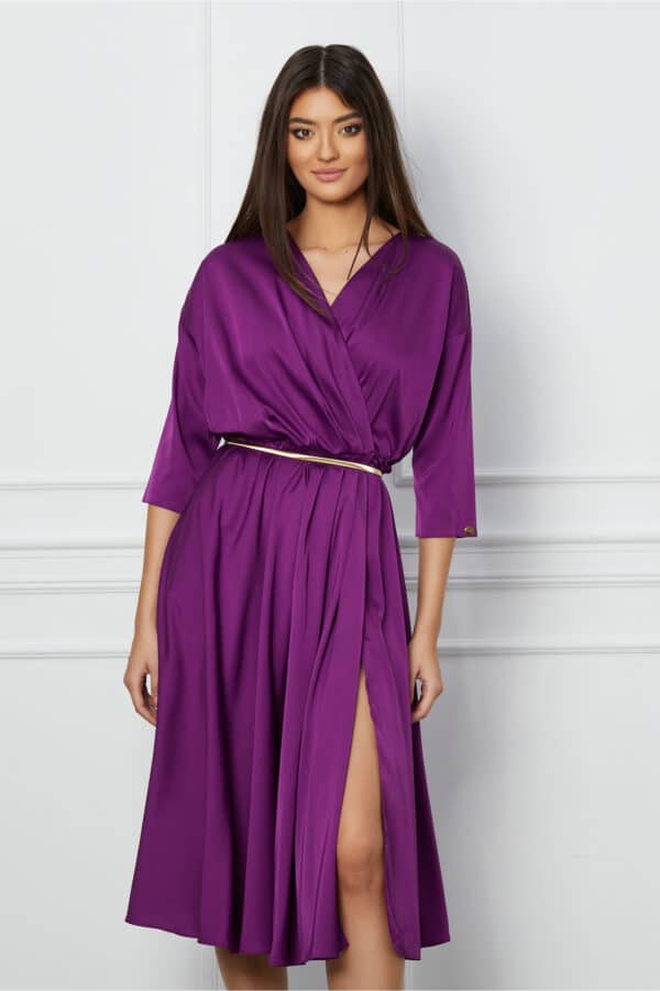 Rochie Dy Fashion magenta din satin cu elastic si curea in talie