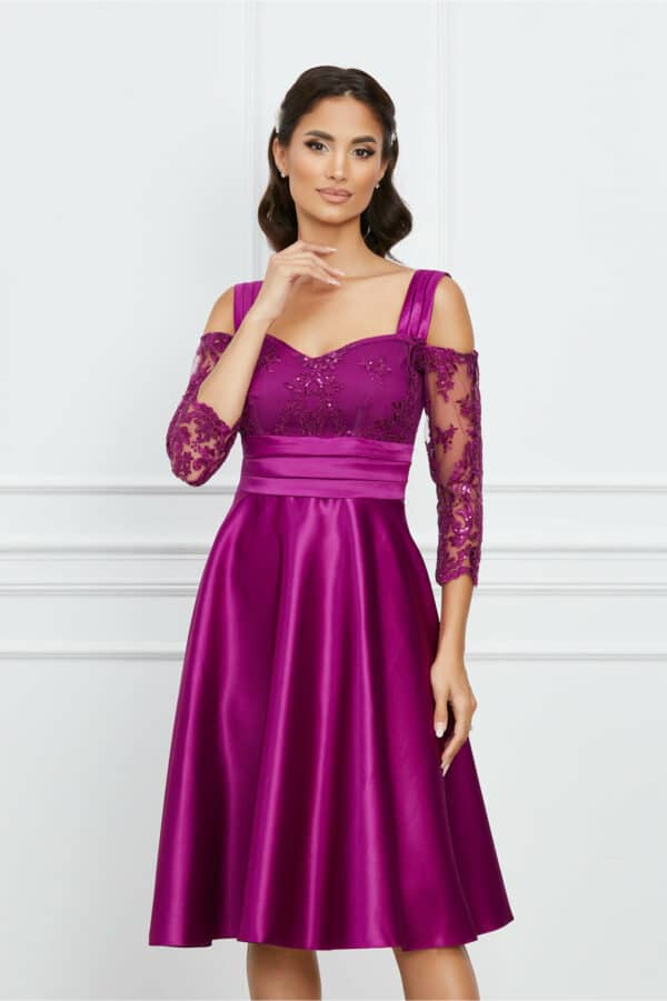 Rochie Dy Fashion magenta din tafta cu maneci din dantela si umeri goi