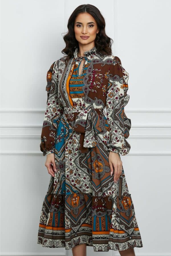Rochie Dy Fashion maro cu imprimeuri albe si cordon in talie