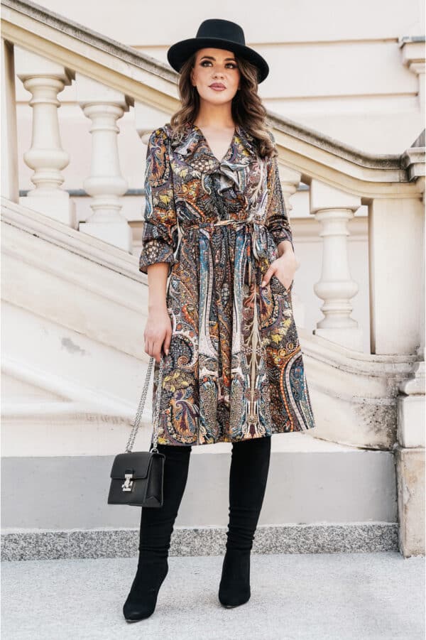 Rochie Dy Fashion maro cu imprimeuri caramizii si volane pe bust