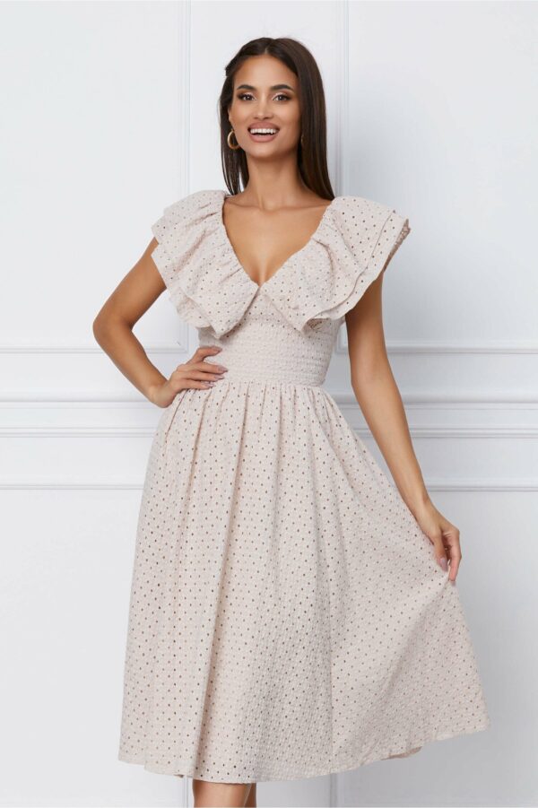 Rochie Dy Fashion midi bej cu motive florale si volane la bust