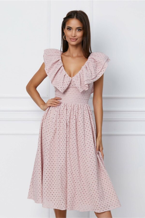 Rochie Dy Fashion midi roz cu motive florale si volane la bust