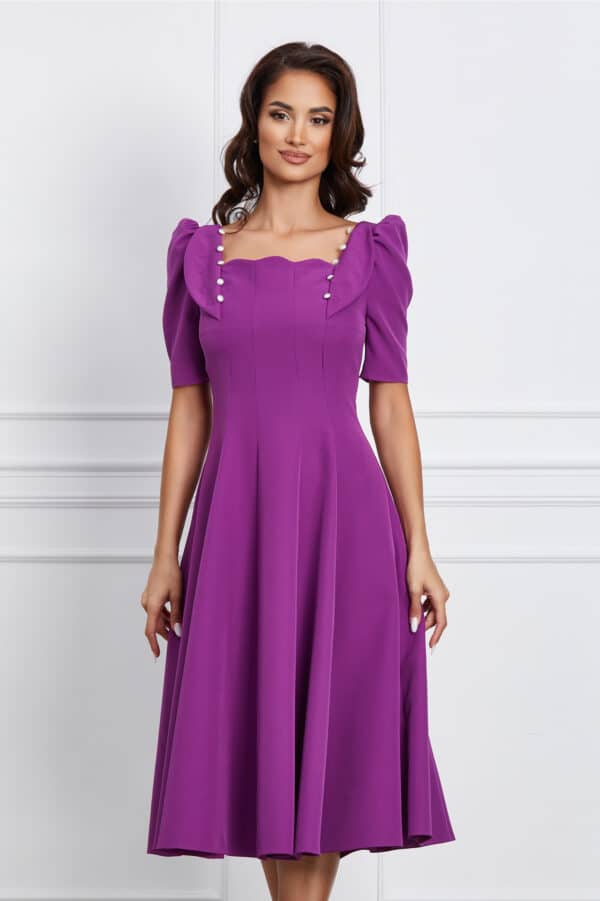 Rochie Dy Fashion mov cu nasturi perlati si volane la bust