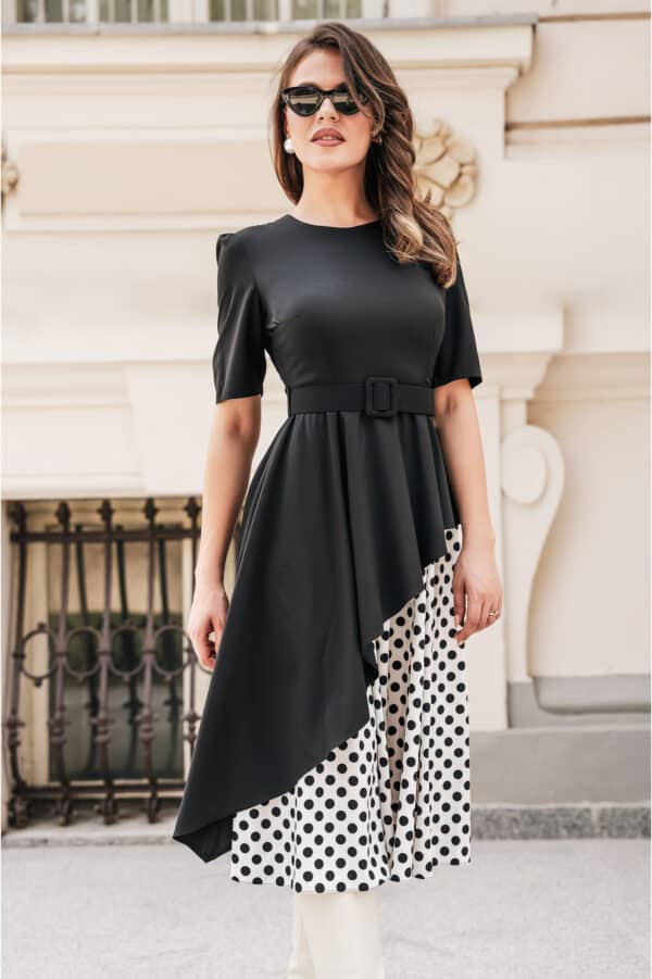 Rochie Dy Fashion neagra cu buline pe fusta si curea in talie
