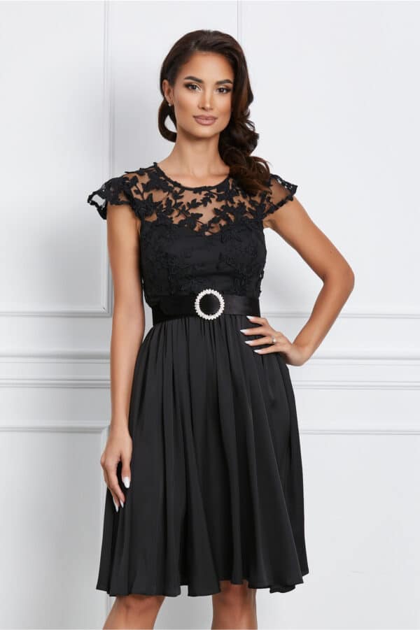 Rochie Dy Fashion neagra cu dantela la bust si curea in talie