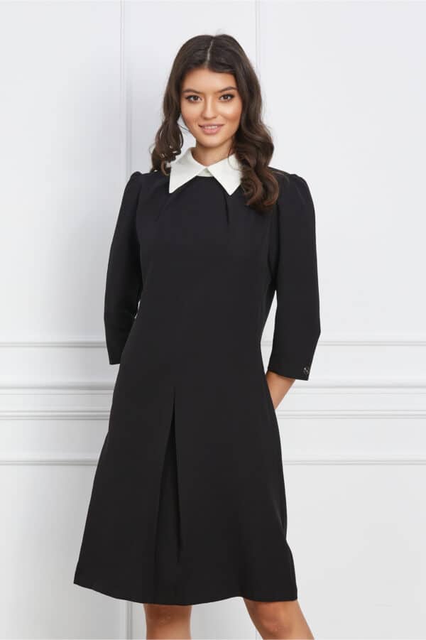 Rochie Dy Fashion neagra cu guler alb si pliu pe fusta