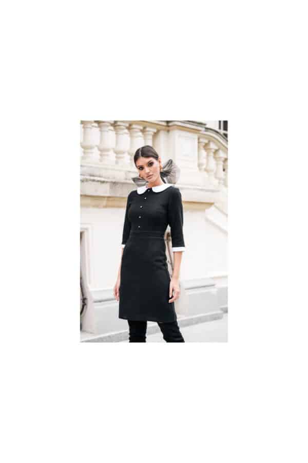 Rochie Dy Fashion neagra cu guler si mansete albe