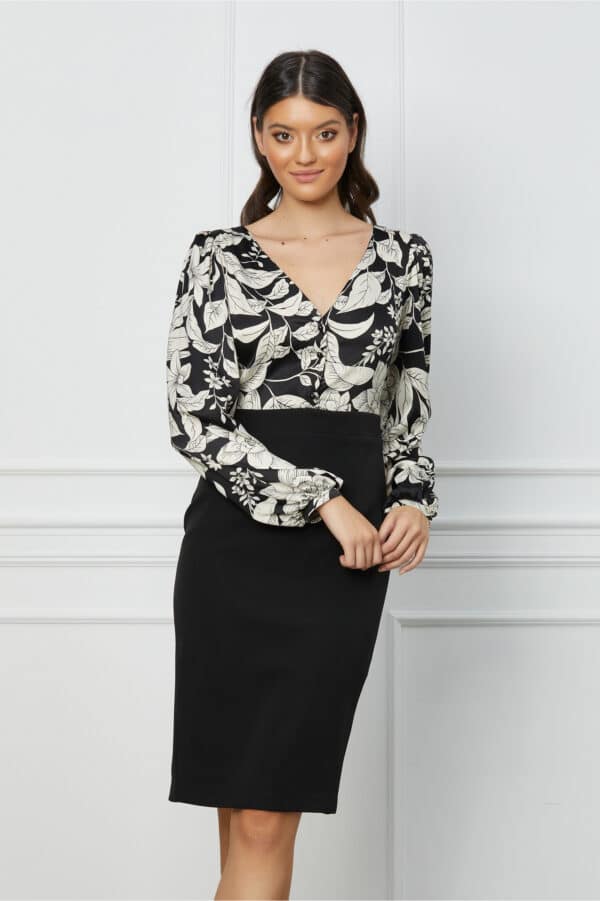 Rochie Dy Fashion neagra cu imprimeuri florale albe la bust
