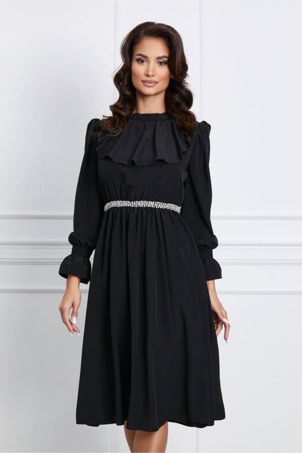 Rochie Dy Fashion neagra cu volanas la bust si perle in talie