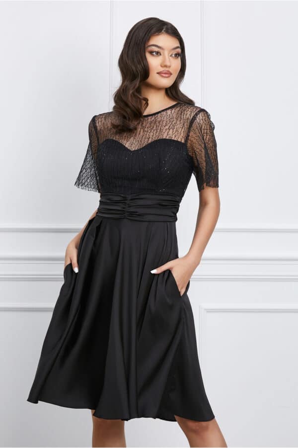Rochie Dy Fashion neagra din satin cu broderie la bust