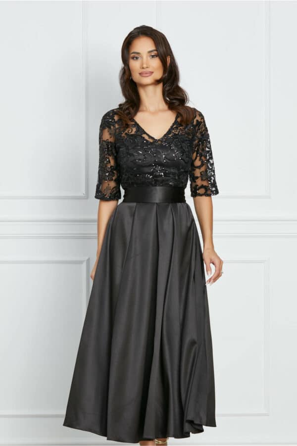 Rochie Dy Fashion neagra din satin cu bust si maneci din dantela