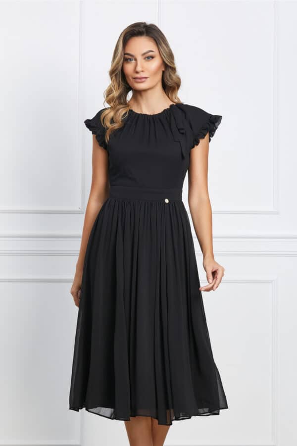 Rochie Dy Fashion neagra din voal cu volanas la maneci