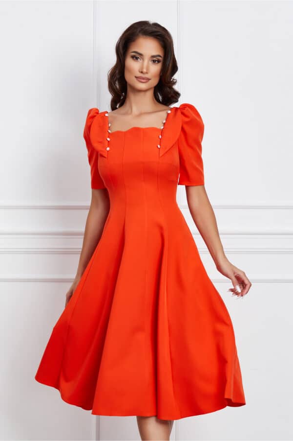 Rochie Dy Fashion orange cu nasturi perlati si volane la bust