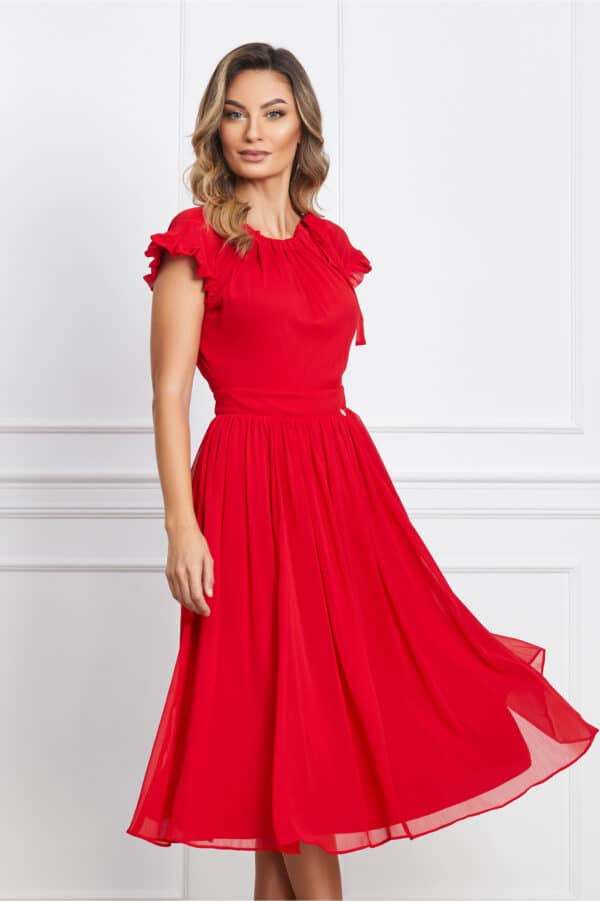 Rochie Dy Fashion rosie din voal cu volanas la maneci