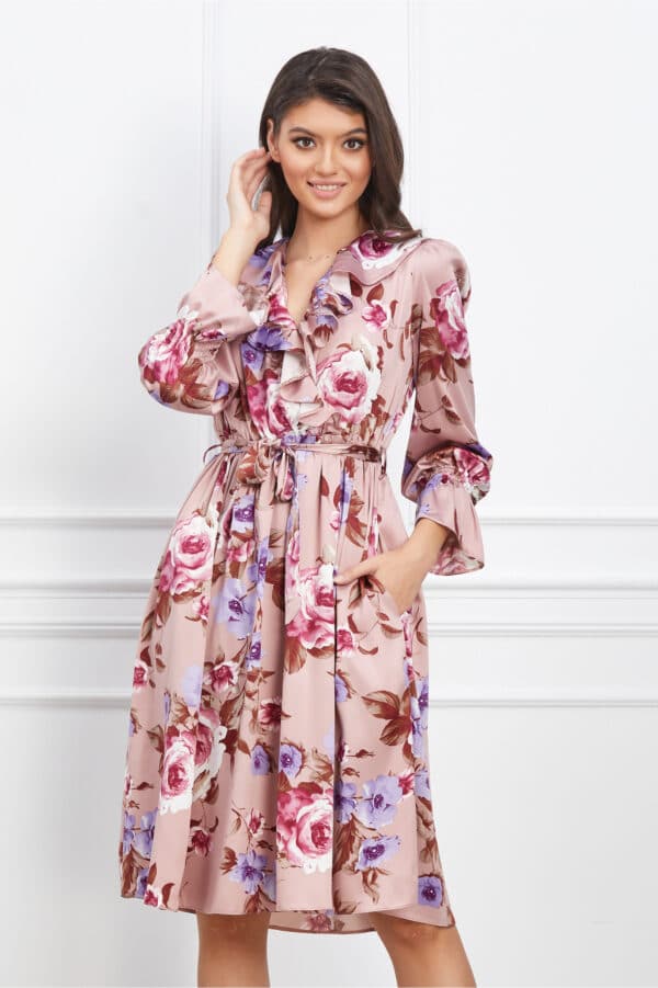 Rochie Dy Fashion roz coniac cu imprimeuri florale si volane pe bust