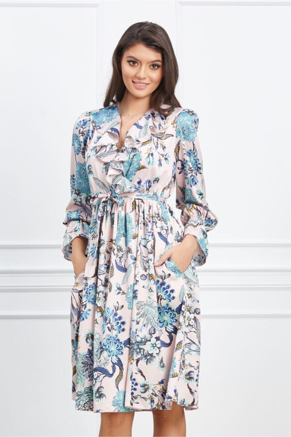 Rochie Dy Fashion roz cu imprimeuri bleu si volane pe bust