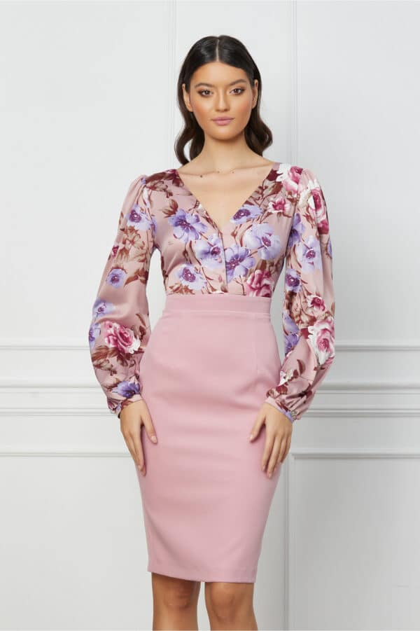 Rochie Dy Fashion roz cu imprimeuri florale lila la bust