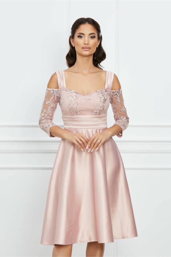 Rochie Dy Fashion roz din tafta cu maneci din dantela si umeri goi