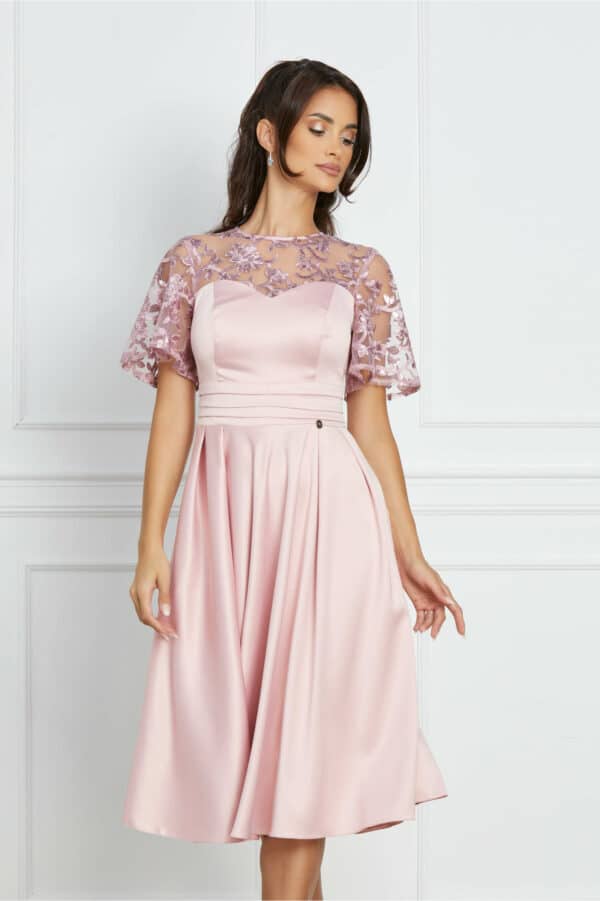 Rochie Dy Fashion roz din tafta cu maneci si decolteu din dantela