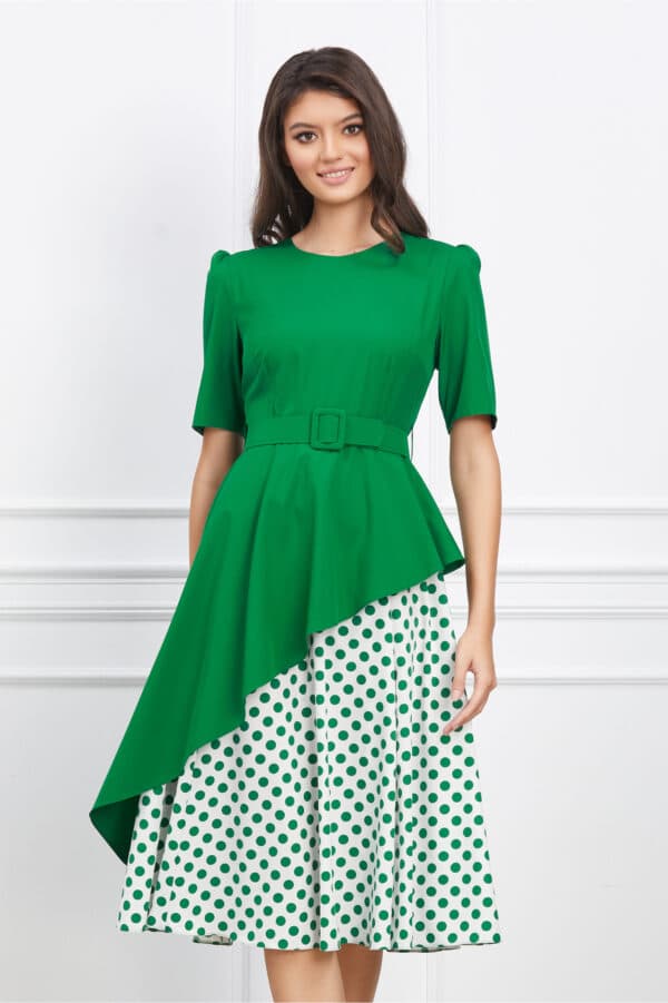 Rochie Dy Fashion verde cu buline pe fusta si curea in talie