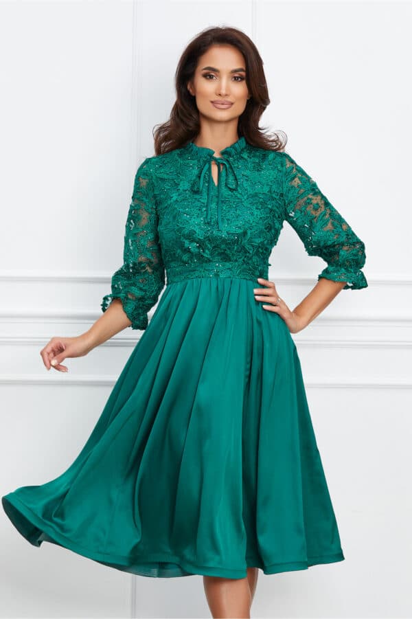 Rochie Dy Fashion verde cu dantela la bust si fusta satinata