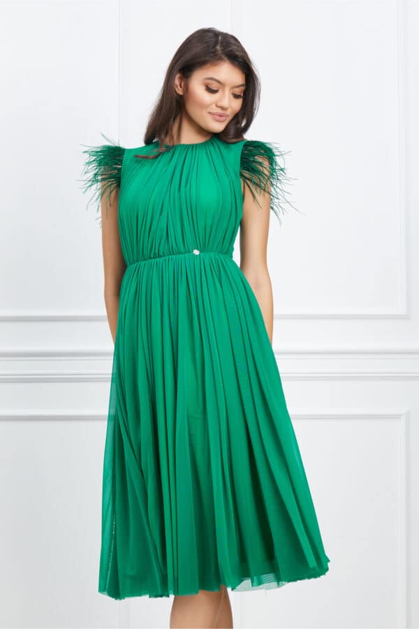 Rochie Dy Fashion verde cu pene la umeri