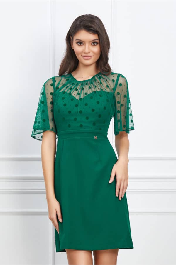 Rochie Dy Fashion verde cu tull si buline catifelate la bust