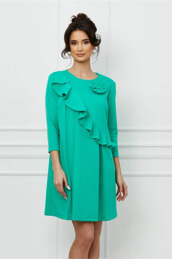 Rochie Dy Fashion verde cu volan si floare 3D