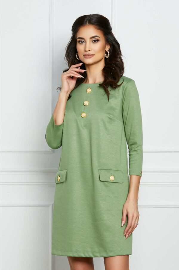 Rochie Dy Fashion verde deschis tip A cu buzunare si nasturi decorativi