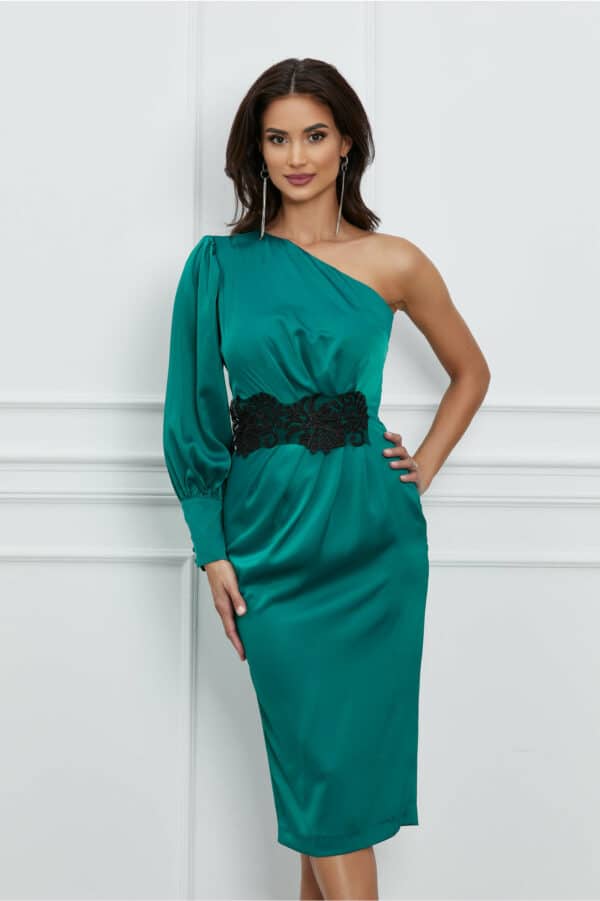 Rochie Dy Fashion verde din satin cu broderie in talie