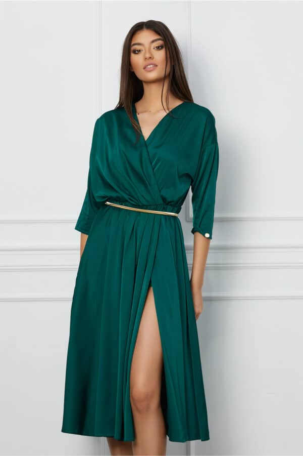 Rochie Dy Fashion verde din satin cu elastic si curea in talie
