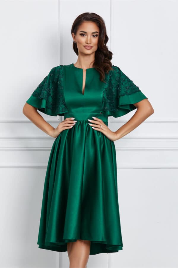 Rochie Dy Fashion verde din tafta cu maneci din dantela