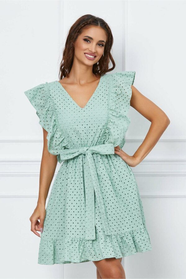 Rochie Dy Fashion verde mint cu detalii florale si volane