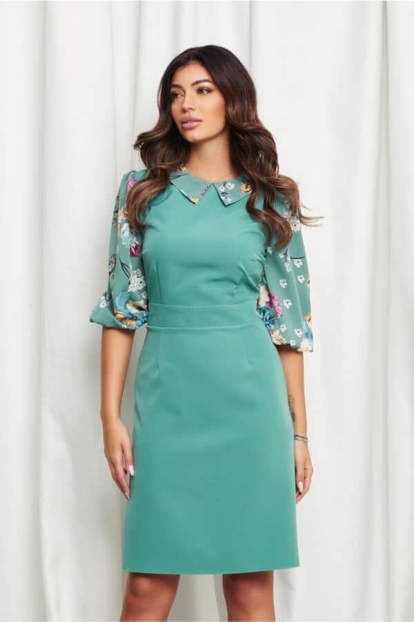 Rochie Dy Fashion verde mint cu imprimeuri florale albe pe guler si maneci