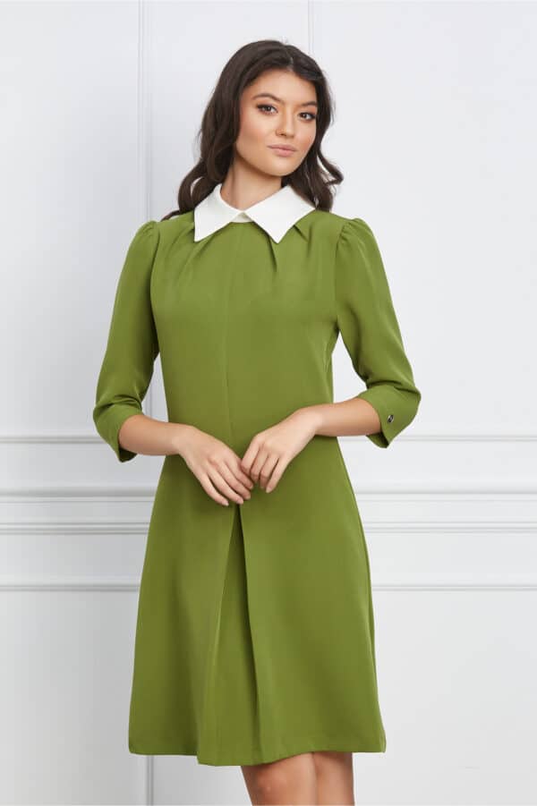 Rochie Dy Fashion vernil cu guler alb si pliu pe fusta