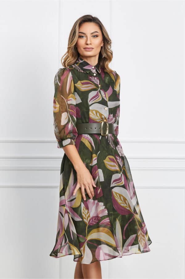 Rochie Elena kaki cu imprimeuri florale lila si nasturi la bust